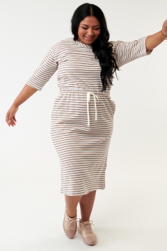 Womens cream drawstring waist modest dress
